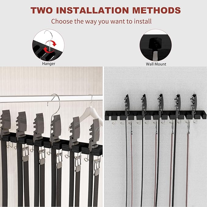 Cuipingoo Belt Hanger for Closet Max 42 Belts, 2-in-1 Wall Mount Belt Organizer with 360° Rotating Hooks, Wooden Tie and Belt Rack for Closet Accessories Organizers and Storage, Black