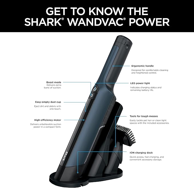 Shark WV410BL WANDVAC Cordless Hand Vacuum, Ultra-Lightweight & Portable with Powerful Suction & Tools for Pets, Designed for Car & Home, Dark Blue