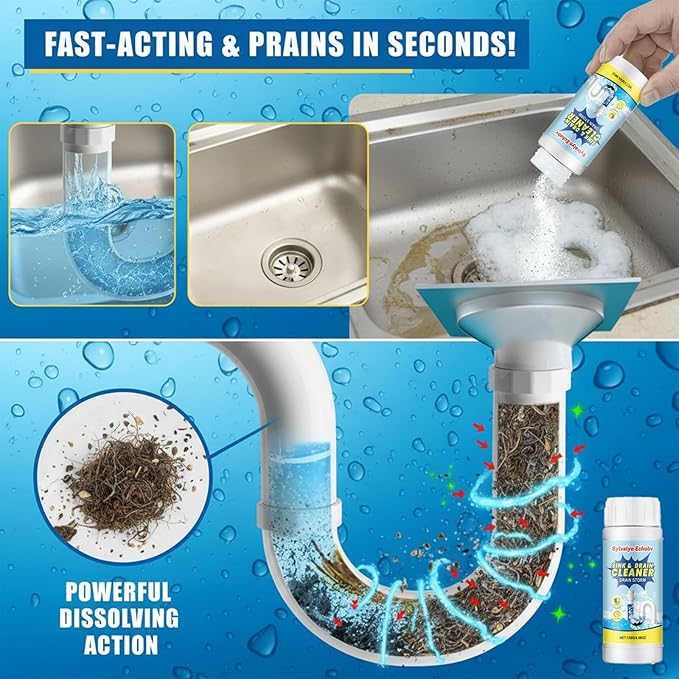 Sink & Drain Cleaner Powder, Fast Foaming for Kitchen, Bathroom,Toilet Pipes - Removes Grease, Hair & Food Waste - 130g (1)