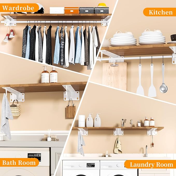 Closet Rod Bracket White WYGWP Heavy Duty Shelf Brackets with Rod Holder Supports 200lbs,Sturdy Closet Shelves Wall Mounted for DIY Home and Closet Decor