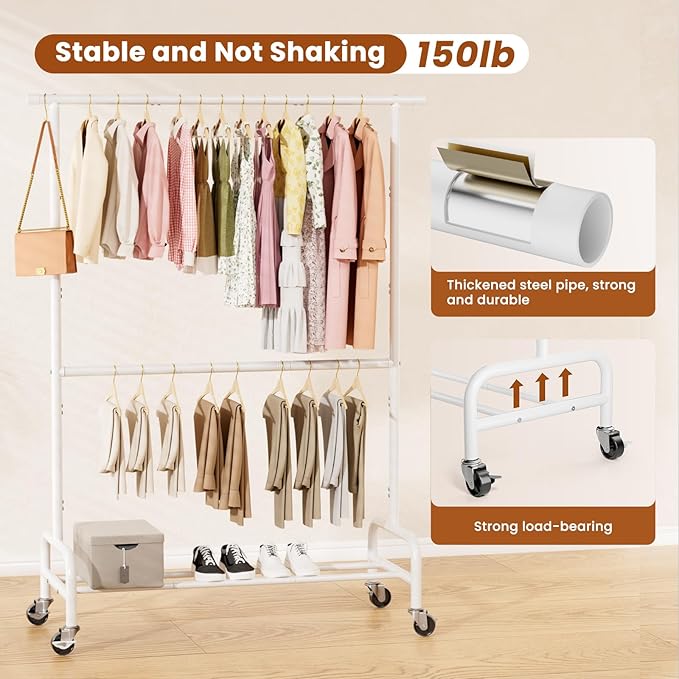 Abiglifty 2 Tier Clothes Rcks for Hanging Clothes, Heavy-Duty Clothing Rack with Wheels,150LBS Capacity, 42" W X15 D X 77" H Garment Rack with Bottom Shelf, for Bedroom, Living Room, White