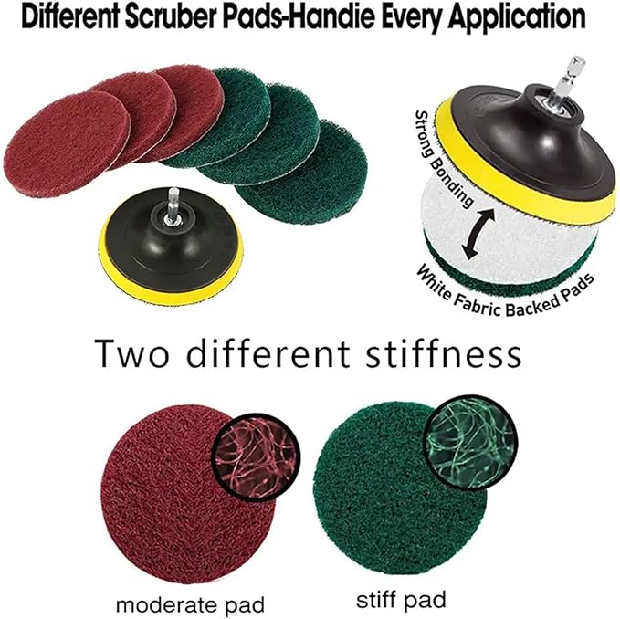 4 Inch Drill Powered Brush Tile Scrubber Scouring Pads,6 Scrubbing Pads with 4 Inch Pad Holder,1Quick Change Hex Shaft for Kitchen Bathroom Grout Tub Grill Cleans Large Flat Areas