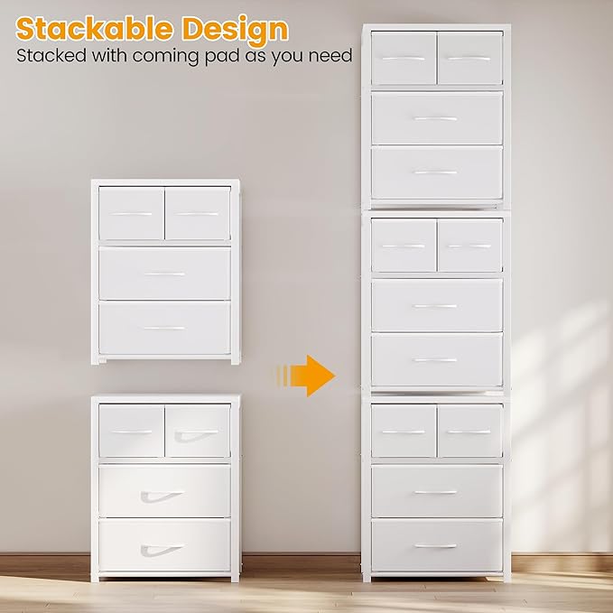 Homeiju Stackable 4-Drawer Fabric Dresser with Waterproof Wood Top – Closet Organizer & Storage Drawers for Bedroom, Modern Metal Frame Design (3 Tier)