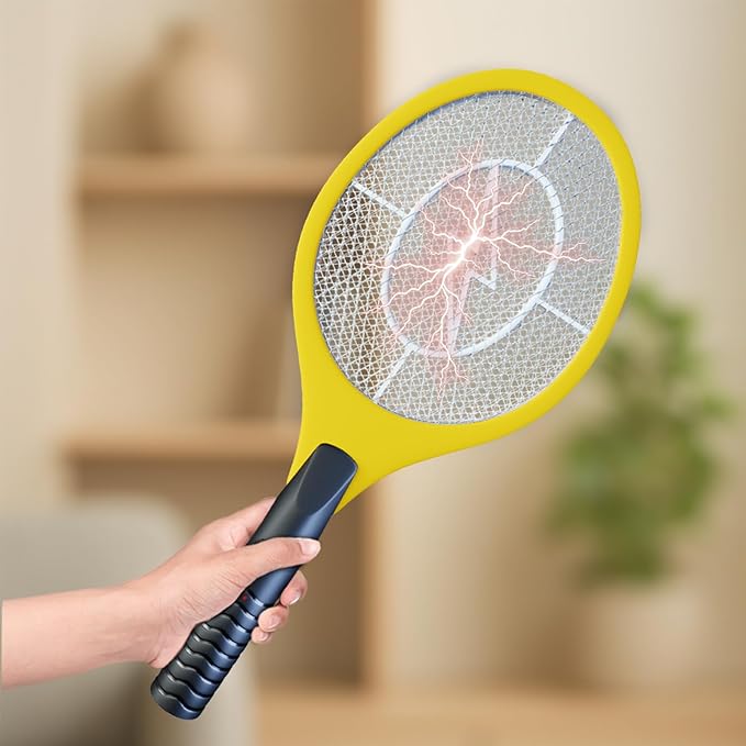 Bug Zapper 18" Electric Fly & Mosquito Swatter Racket - Outdoor/Indoor Killer for Flies, Battery-Operated Tennis Killing Zap, 3000 Volts Electronic Catcher, 2 AA Batteries Included - Yellow