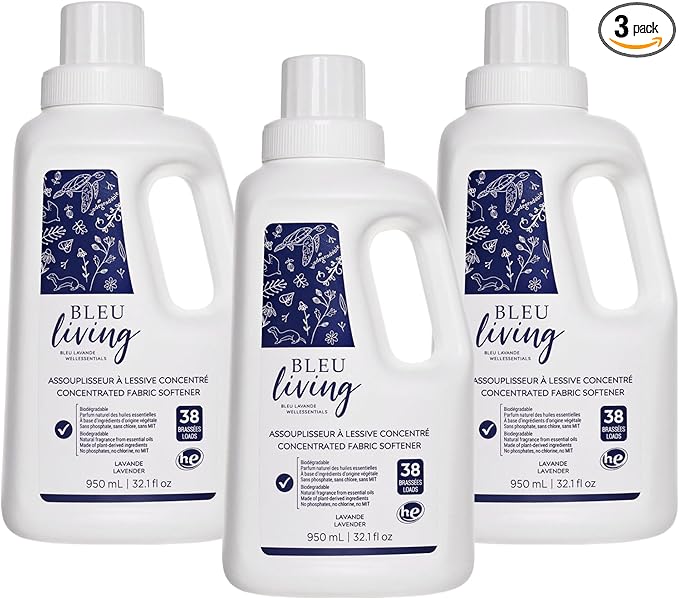 Bleu Lavande - 3-Pack Natural Fabric Softener – Concentrated Lavender Liquid Softener - Biodegradable, Eco-friendly, Hypoallergenic - Chloride & Phosphate-free - Aromatherapy - (38 loads-950 ml) x3