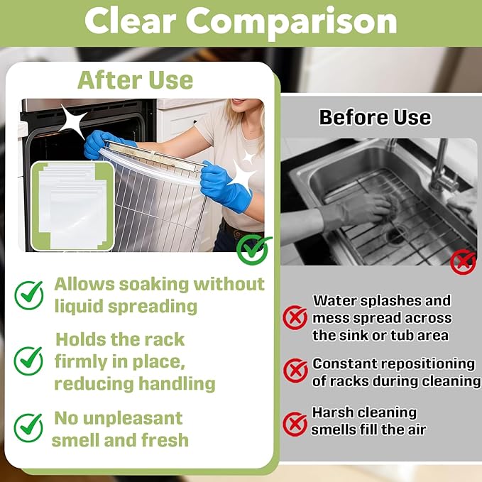 6-Pack 15.7 x 23.7 Inch Oven Rack Cleaning Bags, Reusable No-Scrub Soaking Bags with Sealed Zip for Removable Oven Racks, Grill Grates and BBQ Racks, Leak-Resistant Clear PE, No Cleaner Included