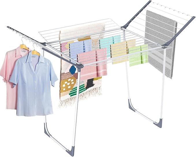 Clothes Drying Rack, Foldable Laundry Rack for Indoor Outdoor, 10pcs Sock Clips, Collapsible Space-Saving Drying Rack for Clothes Towels Dolls, White
