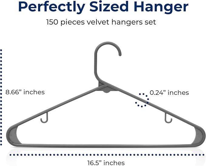 SereneLife 150 Pcs Plastic Hangers Gray – Ultra Lightweight Heavy Duty Non Slip Clothes Hanger Set for Coat Shirt Pants Closet Storage Organization Space Saving Durable Clothing Organizer – 11.88 lbs