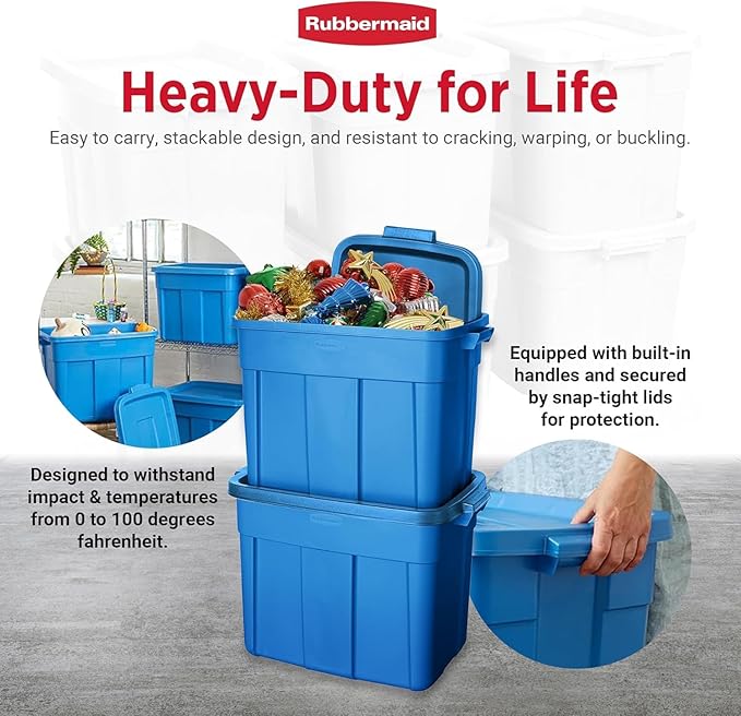 Rubbermaid Roughneck Tote 18 Gal, 10 Pack, Made in USA, Heritage Blue, Rugged Plastic Stackable Storage Bins with Lids and Handles