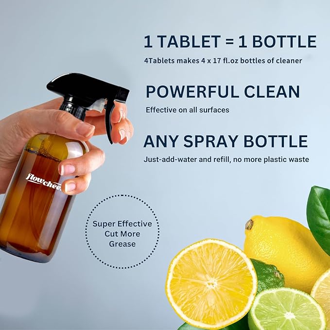 flowcheer Multi-Surface Cleaner Kits-2 Pack Reusable Spray Bottles & 4 Pack All Purpose Cleaner Refills Tablet, 4 x 16.9 Fl oz Bottles of Spray Cleaner Lemon and Lavender Scent