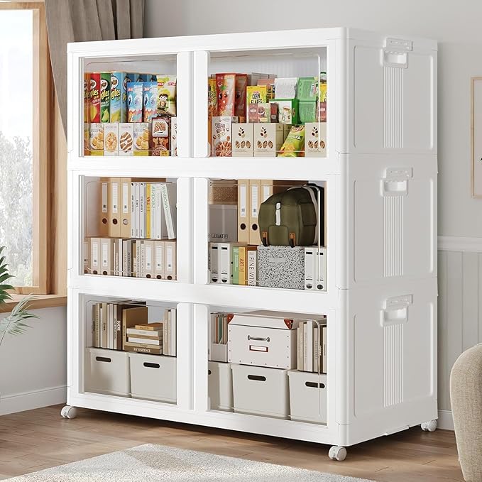 600Qt Stackable Storage Bins with Lid and Wheels, 150Gal Plastic Closet Organizer and Storage Drawer, Large Collapsible Storage Box Cabinet with Clear Door for Home Kitchen Office, 3Pack White