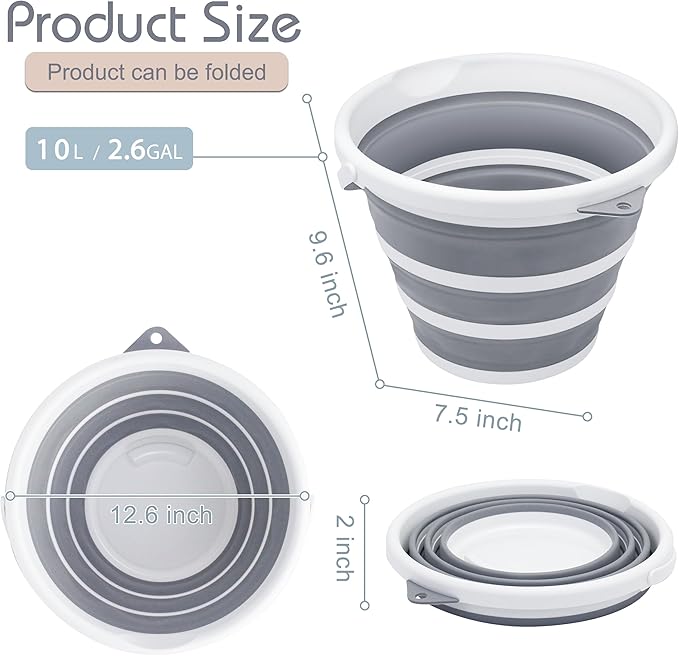 Goderewlid Collapsible Bucket 2.6 Gal/10L, Space-Saving, Portable Foldable Water Pail for Versatile Use, Home, Outdoors, Car Wash, Camping, Fishing - Grey, Single Pack