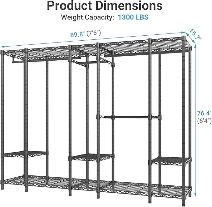 VIPEK V50 Extra Large Closet Rack Heavy Duty Garment Rack Freestanding Wardrobe with Shelves, Portable Metal Clothing Rack for Hanging Clothes, Adjustable Open Closet System, 1300 lb Capacity, Black