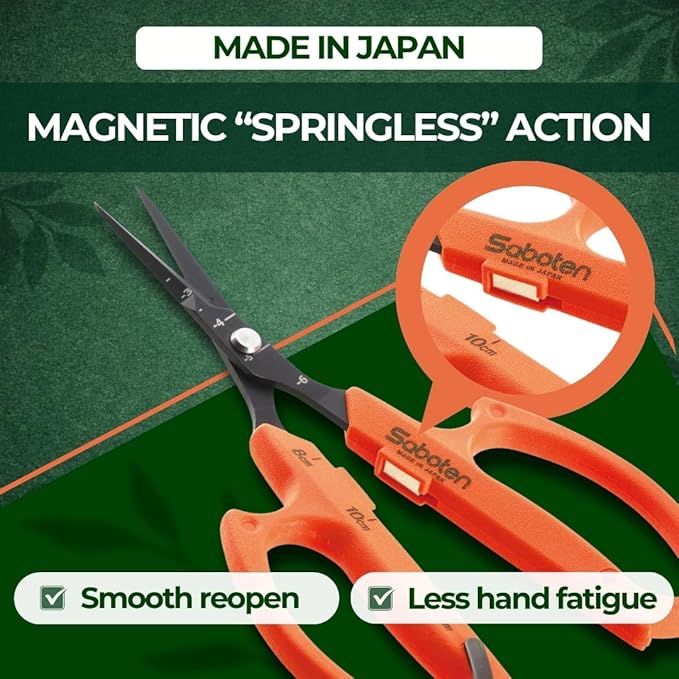 Saboten 6.3" Japanese Harvesting Shears, Magnetic Springless Assist, Fine-Tip Angled Blade, Fluorine-Coated Stainless Steel, Ergonomic Non-Slip Grip, Safety Lock, Made in Japan