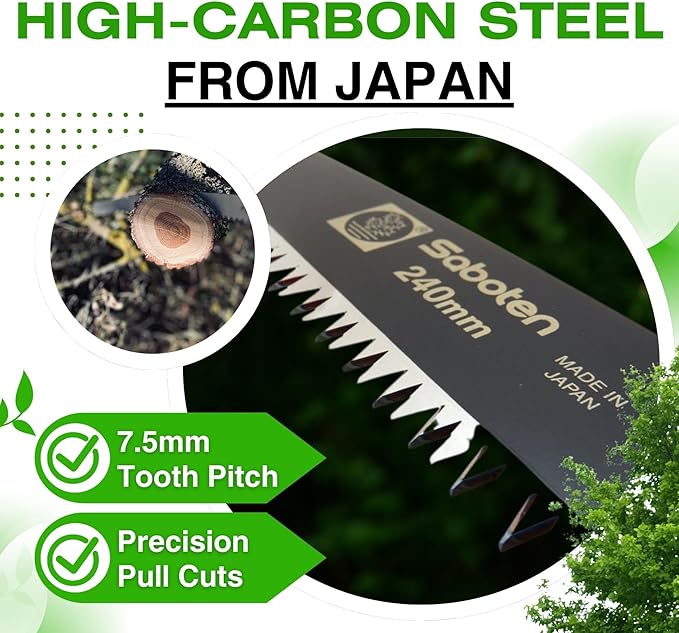 Saboten Japanese Pruning Saw 9.4 in (240mm) – Fluorine-Coated High-Carbon Steel Blade, 7.5mm Tooth Pitch, Smooth Pull Cuts, Wooden Handle, Wood Sheath Included, Made in Japan