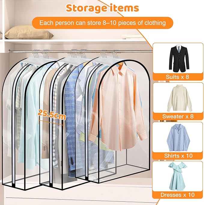 Dntorx 4 Pack Full Clear Garment Bags with Side Zipper, 40&50" Clothes Covers with 10" Gusset, Transparent Hanging Suit & Coat Covers for Closet Storage, Jackets, Dresses, Windbreakers