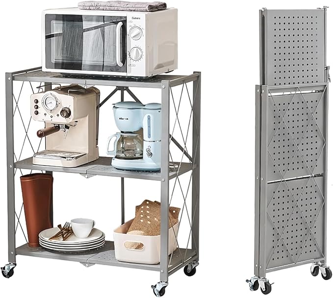 BRIAN & DANY 3-Tier Foldable Storage Shelves with Wheels, No Assembly Folding Shelf Metal Rack, Shelving Unit for Kitchen, Garage, Gray
