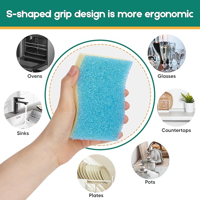 Scrub Sponge, 4 Pack Dual-Sided Temperature-Responsive Scrubber - Non-Scratch - Multipurpose Dish Sponges for Kitchens, Bathrooms, and Outdoor Use - S Shape