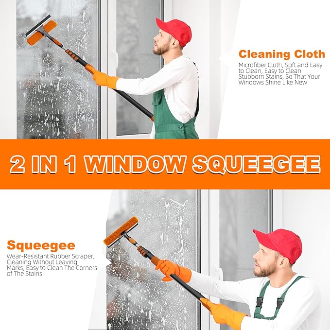 30FT Reach High Ceiling Duster Kit, Window Cleaning kit with 5-24FT Extension Pole, Fan Duster for Ceiling Fan Blades, Microfiber Feather Duster, Rotatable Window Squeegee and Cobweb Duster