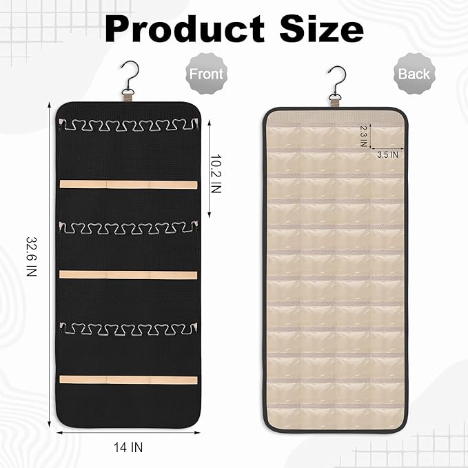 Dynoro Double-Sided Hanging Jewelry Organizer, Large Black Storage Roll for Earrings, Necklaces, Rings, 48 Pockets 21 Hooks, Durable Oxford Fabric for Closet, Wall, Door, 1 piece, Jewelry Not Included