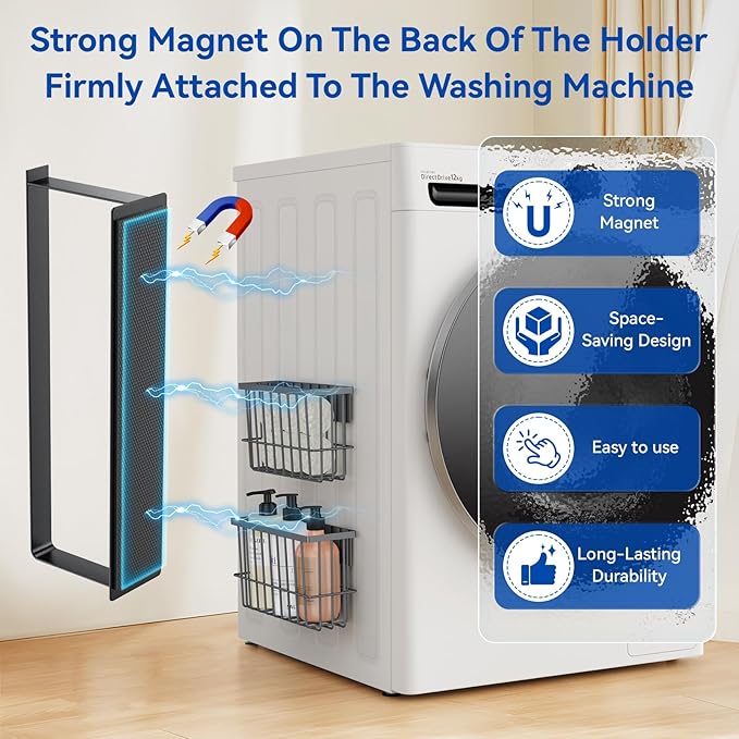 Laundry Room Organization and Storage Magnetic Dryer Ball Holder with Magnetic Hanger Holder, Magnetic Lint Bin for Washer Dryer, Iron Basket Dryer Ball Container, Magnetic Laundry Organizer (Gray)
