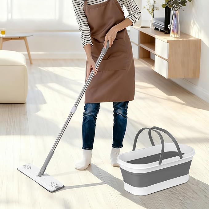 Flat Mop and Bucket Set with Floor Squeegee, Heavy Duty Scrub Brush, 2 Washable Reusable Microfiber Pads, for Tile Hardwood, Wall Cleaning, Home Indoor or Outdoor Cleaning (White-Gray)