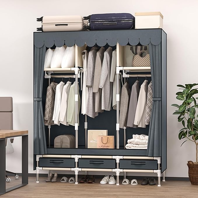 Portable Armoire Wardrobe Closet with 3 Drawers and 3 Hanging Rods,Cloth Closet Wardrobe Cabinet for Hanging Clothes,Grey Cover,for Clothing,Bedding,51 in Width