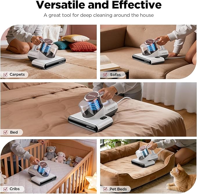 DEVINC Mattress Vacuum Cleaner, 16Kpa 650W Bed Vacuum Cleaner with 245nm UV-C Light& Ultrasonic, 140°F Heat, HEPA Filter, Versatile Handheld Vacuums for Bed, Sofa, Couch, Crib, Beige Corded