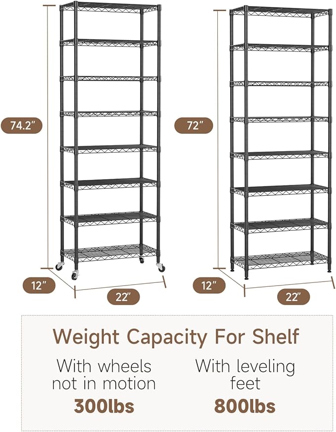 Golpart 8 Tier Shelves Storage Shelf Wire Closet Bathroom Organizers Metal Pantry Kitchen Garage Shelving Unit Laundry Room Organization Home Rack Net Basket Black with Wheels 12”D X 22”W X 74.2”H