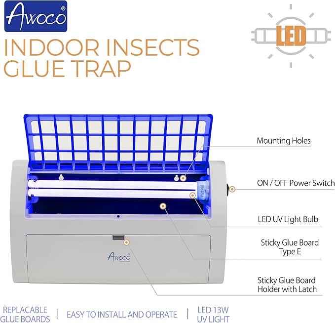 Awoco LED 13W 100V-240V Wall Mount Sticky Fly Trap Lamp for Capturing Flies, Mosquitoes, Moths and Flying Insects (Fly Trap)