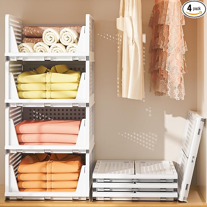 Neprock Stackable Plastic Storage Drawers for Closet Organizers and Storage,4 Pack Open Storage Bins Closet Shelf Clothes Organizer for Closet Wardrobe(4L)