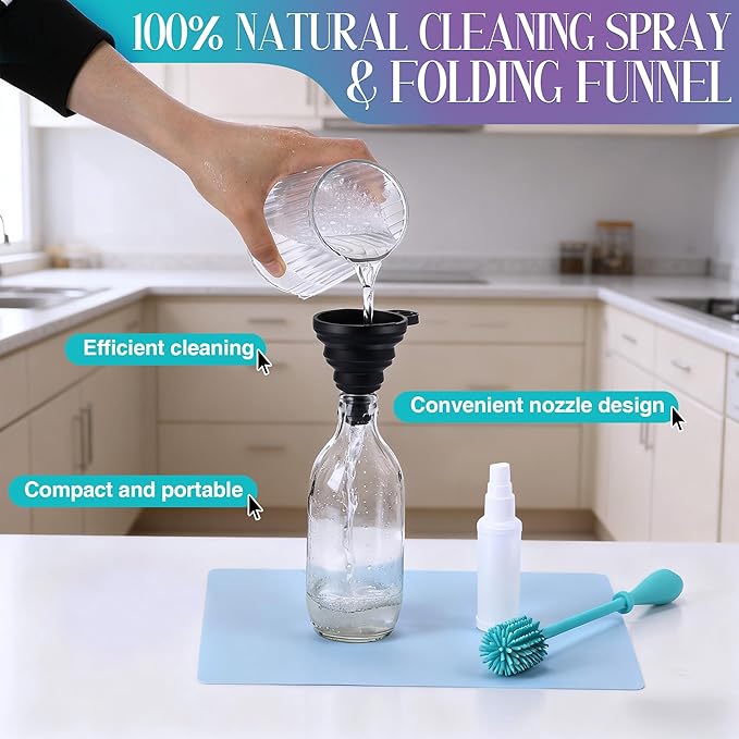 Enhon 13 Piece Glass Cleaning Kit, Reusable Glass Cleaner Kit with Cleaning Plugs & Caps, Silicone Bottle Brushes, Cleaner, Mat, Folding Funnel, Storage Bag & Towel, Effortless Washing & Easy Storage