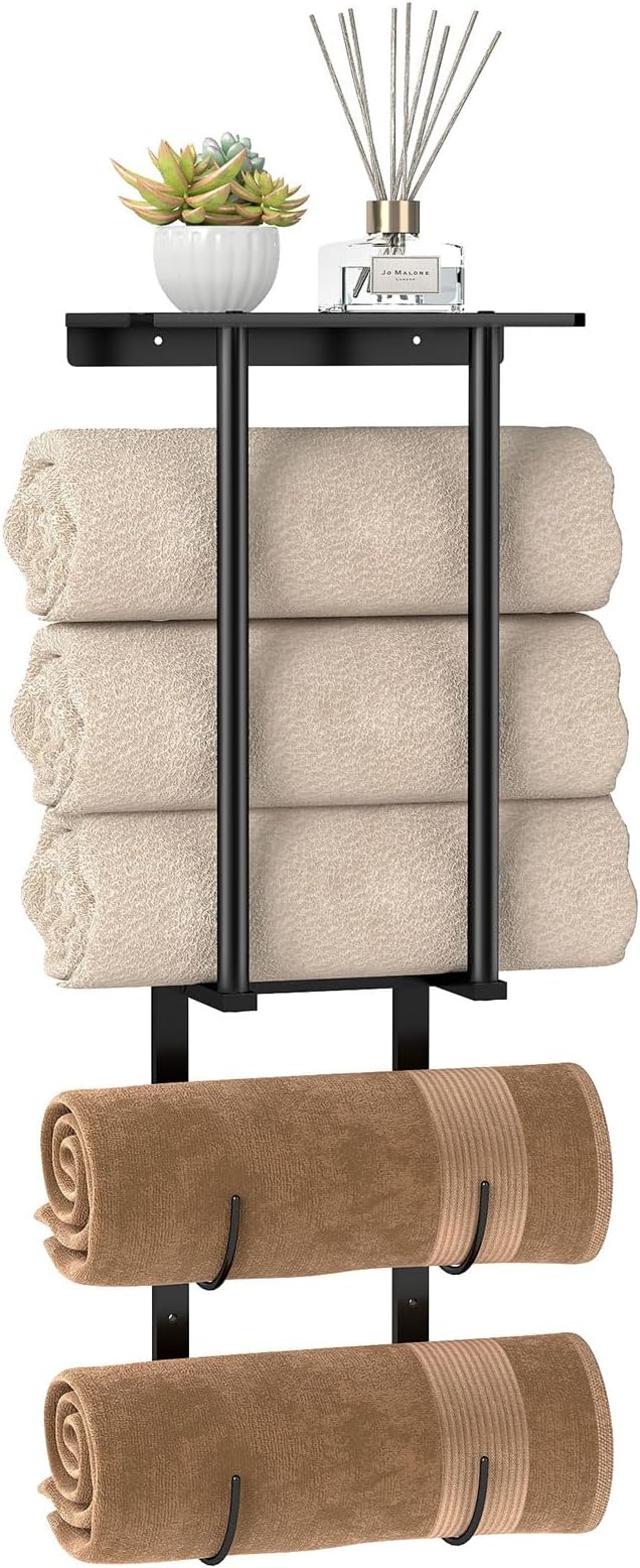 Towel Racks for Bathroom, Bathroom Towel Rack Wall Mounted with 2 Tiers Rolled Towel Holder, Towel Storage can Holds 3 Large Rolled Towels, Black