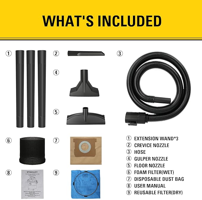 STANLEY Wet/Dry Vacuum SL18115, Stainless Steel Tank, 5 Gallon 4HP Shop Vacuum, Portable Style Ideal for Home/Shop/Jobsite Dust Collection Job with Vacuum Attachments, Silver+Yellow
