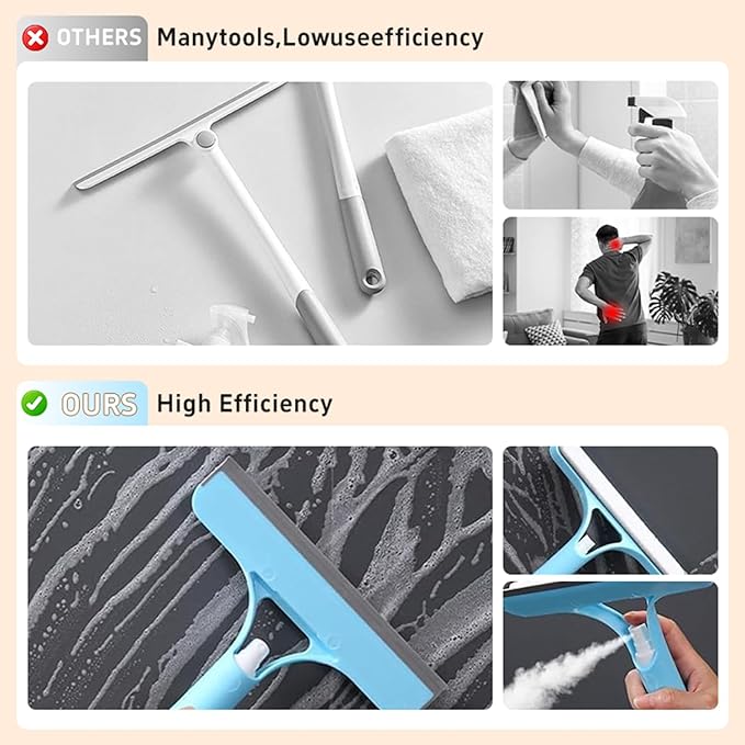 Pro 3 in 1 Window Cleaning Scrapers, 3 in 1 Spray Squeegee, Window Squeegee, Suitable for Cleaning Bathroom Glass, Mirrors, Car Windows (Blue)