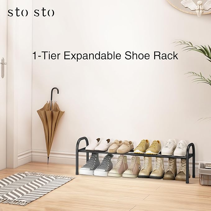 STO STO Expandable Shoe Organizer, 1-Tier Metal Shoe Rack for Closet, Up to 8 Pairs Adjustable Storage for Front Door Entrance, Free Standing Organizer for Entryway, Black