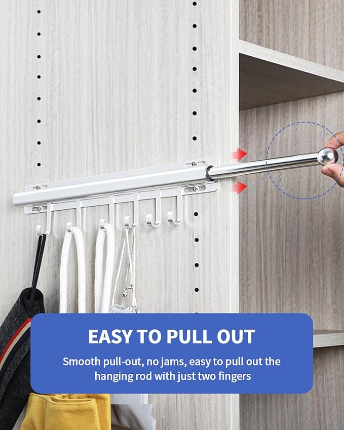 BaiNong 16.5 inch Valet Rod for Closets Pull Out Closet Valet Rod Slide Out Extra Long Silvery Valet Rods for Closets With 6 Hooks