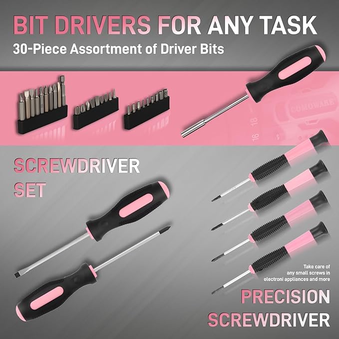 COMOWARE Pink Household Tool Set with 12V Cordless Drill Driver, Hand Tool Kit for Women, Power Drill Set with Plastic Toolbox, Ideal for Office, Garden, DIY Project