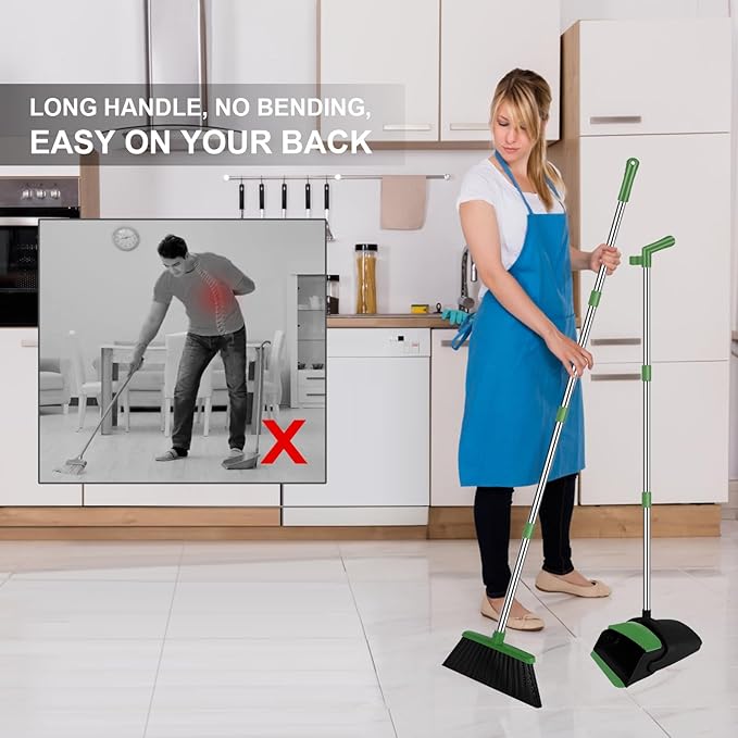 Green Broom with Dustpan Combo Set, 51" Long Handle Household Cleaning Tool, Ideal Broom and Dustpan Set for Pet Hair and Home Use