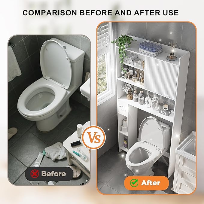 Over The Toilet Storage Cabinet with Sliding Door, 31.5" W Over Toilet Bathroom Organizer with Adjustable Shelves & Toilet Paper Holder, Space Saver Cabinet for Bathroom, White