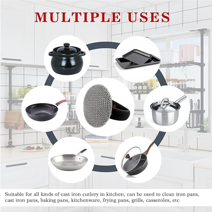 MEIXINZHI Cast Iron Cleaner, Chain Mail Scrubber & Pan Grill Scrapers - 2 in 1 Cast Iron Skillet Cleaner (Black, Without mat)