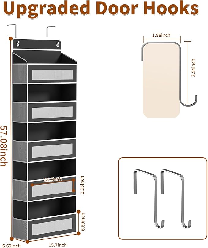 Over The Door Organizer with 5 Large Pockets, Over the Door Storage 10 Side Pockets 44 lb Load Behind Door Storage, Door Organizer Hanging Shelf for Closet Wall Bedroom Bathroom Nursery, 5-Tier Black