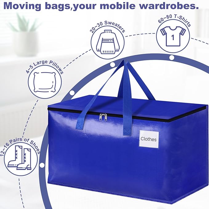 StorageRight Heavy Duty Moving Boxes-Moving Bags with Zipper, Reinforced Handles and Tag Pocket-Collapsible Moving Supplies-Totes for Storage Great for moving, Storage and Travel 93L(Blue-4 Pack)