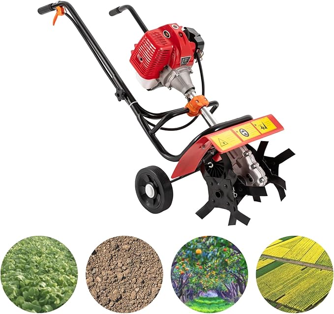 Rototiller Gas Powered, 52CC 2-Stroke Gas Tiller Gas Rototiller Gas Power Garden Tiller Cultivator Mini Gasoline Tiller Hand Push Rotary Cultivator Farmyard Rototiller for Sandy Land Loose