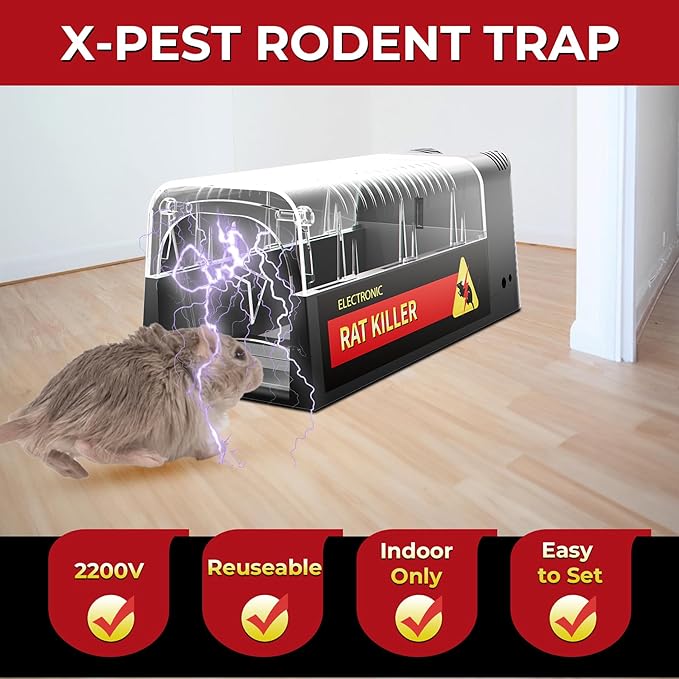 X-PEST Electronic Rat Trap – Big Size Electric Rodent Trap Zapper for Indoor Use, Reusable Rodent Trap, No Touch No See, Effective Mice & Rats Control