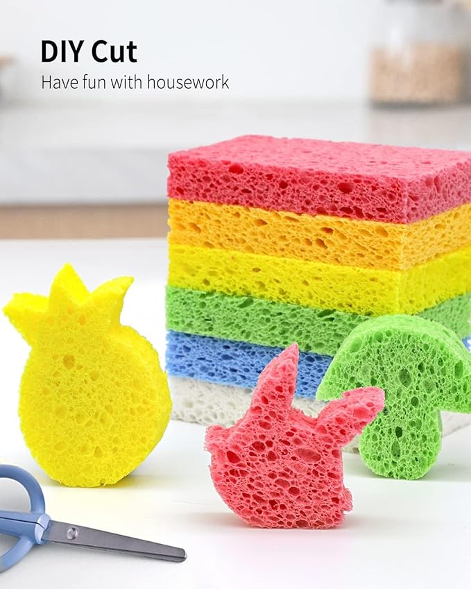Cellulose Sponges,Heavy Duty Scrub Kitchen Sponge,Clean Tough Messes Without Scratching Sponges Kitchen,Pop Up Eco Sponges DIY Orange (6 Pack)