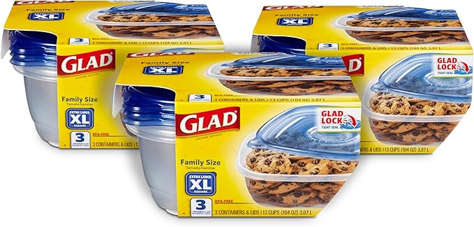 Glad GladWare XL Square Food Storage Containers with Lock Tight Lids, Family Size No BPA Plastic Containers for Leftovers and Meal Prep, Reusable Dishwasher Safe, 104 Oz, 3 Count - 3 Pack
