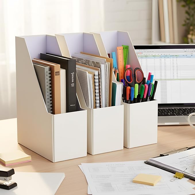 Gueevin Set of 6 Magazine File Holder Stylish Sturdy Cardboard File Boxes Desk Magazine Organizer Rack with Gold Label Holder to Organize Your Desk or Shelves for Home Classroom Office Library(Beige)