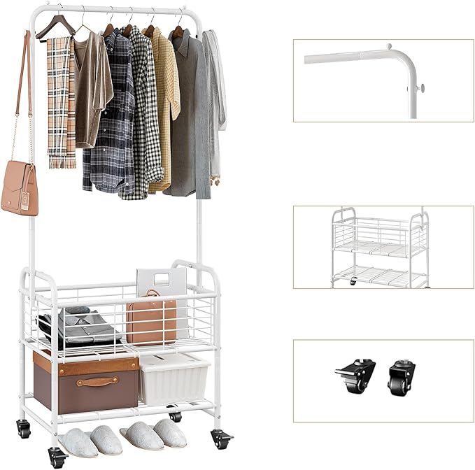 SUOERNUO Laundry Basket with Wheels Rolling Laundry Hamper Laundry Sorter Cart Shelf Hanging Rack,White