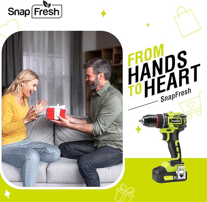 SnapFresh 20V Cordless Brushless Drill Driver, 1/2" Compact Power Drill Set with 500 in-lbs Torque, 20+1 Clutch & 2 Variable Speeds, LED, 2.0Ah Battery & Fast Charger, Electric Tool Kit for Home & DIY